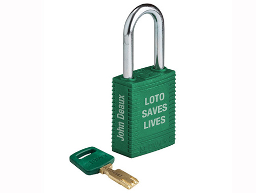A green nylon lock with &LOTO saves lives& and &John Deaux& engraved on it next to an engraved key.