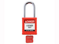 A red padlock with a &DANGER LOCKED OUT& label and a matching red key inserted in the cylinder.