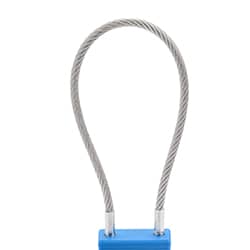 Alt text: A blue safety padlock with a metal cable shackle and a matching-color key propped up in front of it. The plastic padlock body has a &DANGER LOCKED OUT& label.