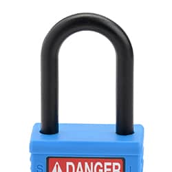 A blue safety padlock with a metal u-shaped shackle and a matching-color key propped up in front of it. The plastic padlock body has a &DANGER LOCKED OUT& label.