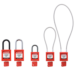 A set of five safety padlocks in various sizes and styles. Each padlock features a red plastic body with a &DANGER LOCKED OUT& label, a matching red key inserted in the cylinder, and either a u-shaped metal shackle or a cable shackle.