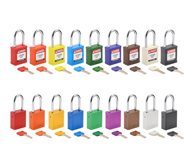 Two rows of safety padlocks in various colors, each with a matching key and u-shaped shackle. Top row: plastic bodies with &DANGER LOCKED OUT& labels. Bottom row: aluminum bodies. Colors include red, orange, yellow, blue, green, purple, brown, white and black.