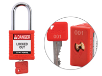 A red padlock with a matching red key inserted in the cylinder and a closeup showing the matching keycode engraved on the key and the lock bottom.