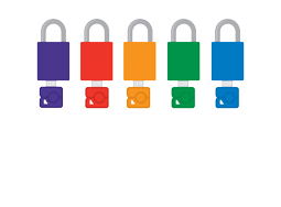 An illustration of five safety padlocks, each with a matching-color key. From left to right, the padlocks are purple, red, orange, green and blue. This illustrates a keyed different system where each lock requires its own key.