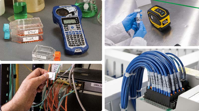 A collage of applications for the M210-LAB and BMP51 printers.