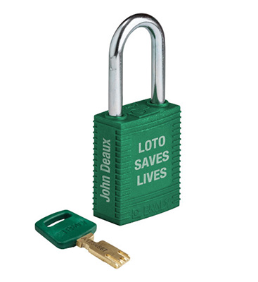 A green nylon lock with &LOTO saves lives& and &John Deaux& engraved on it next to an engraved key.