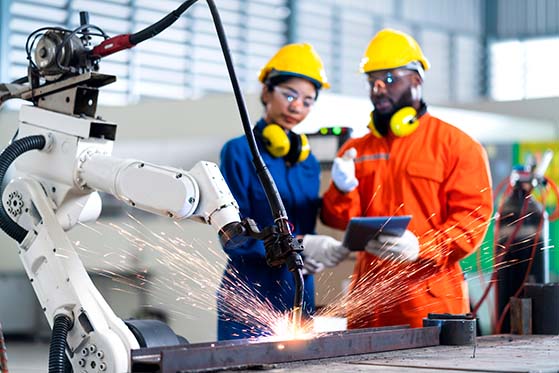 Two quality control technicians monitoring a robot arm that is welding.