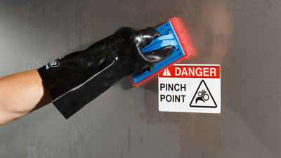 A washdown-resistant arc flash warning label.