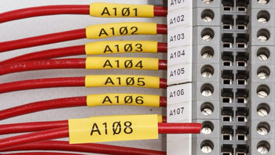 Heat shrink sleeves identifying several wires attached to a terminal block.